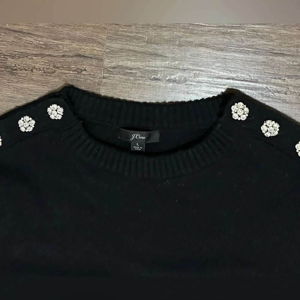 J. Crew Crewneck Sweater with Jeweled Buttons in Black. Size L